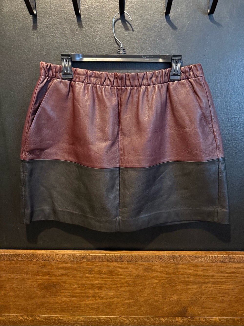 Vince Leather Colorblock Mini Skirt - Burgundy and Black